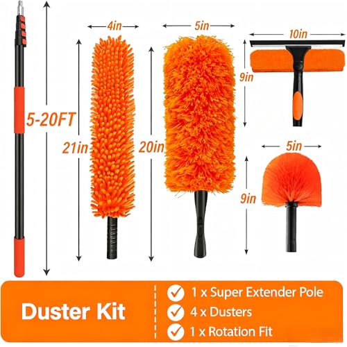 26FT High Reach Duster Cleaning Kit with 5-20 FT Extension Pole - size: Reach 26FT(20FT)