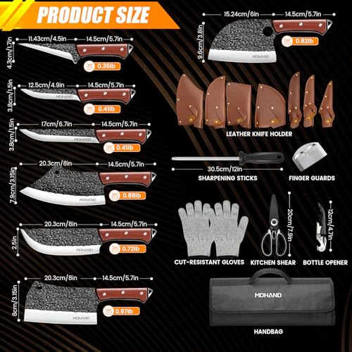 MDHAND Butcher Knife Set, Hand Forged Kitchen Chef Knife Set with Roll Bag - size: 14PCS Hammer Pattern Butcher Knife Set