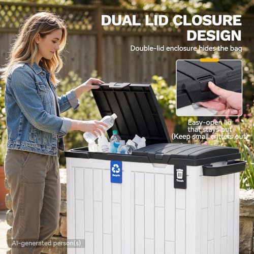 DWVO 76 Gallon Dual-Compartment Resin Outdoor Trash Can(Black&White) - color: Black&White, size: 76 Gallon