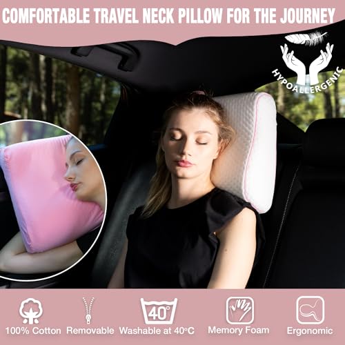 alkamto Travel & Camping Comfortable Memory Foam Pillow – Easy to Carry Portable Bag – Temperature Regulating Pillow Case - size: 13.7 x 11.8 x 3.9 / 3.14 In - Pink + Extra Cover