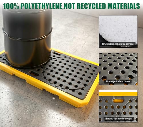 2 Drum Spill Containment Pallet Platform with Drain 18.5 Gallon Sump 51.2x27.2x5.9in 2645 lbs Load Capacity Forkliftable Low Profile Spill Pallet LDPE Containment Tray for Industrial Storage - size: 2 Drum