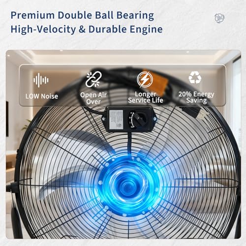 High Speed Industrial Floor Fan – 2000 CFM Heavy Duty Metal Air Circulator – 3 Speeds, 360° Adjustable Tilt, Portable Carry Handle – Powerful Cooling for Garage, Workshop, Commercial, Gym - size: 12 IN