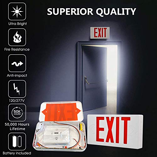 LED Exit Sign, Emergency Exit Light with Battery Backup, Double Face, UL 924, AC 120/277V, Damp Location, Hardwired Red Letter Exit Lights for Business Commercial - size: 1-Pack