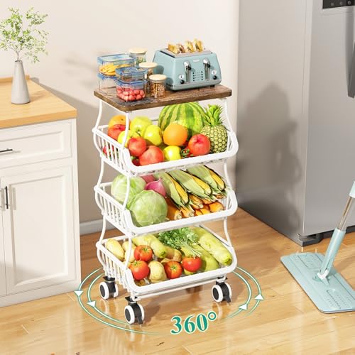 SAYZH 4-Tier Fruit and Vegetable Basket Stand for Kitchen, Wood Top, White - color: White, size: 4 Tiers