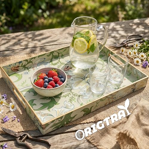 Serving Tray with Handles, Rectangular Plastic Tray with Floral Artwork – 15.75"x11.81" Large Decorative Tray Featuring Lily & Tulip Design – Home Decor for Kitchen, Coffee Table, Office & Home - color: Green Lily & Tulip 1 Pc