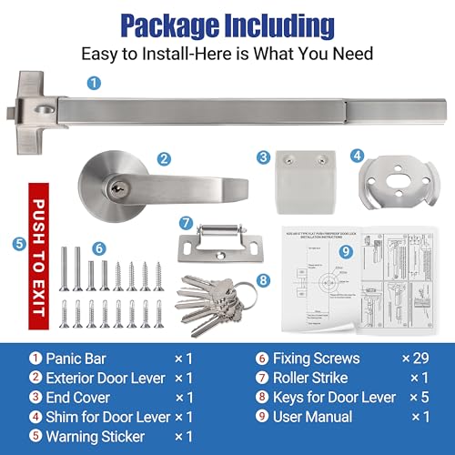 31" Commercial Push Bar Panic Exit Device (304 Stainless Steel) - Panic Bars for Exit Doors with Exterior Lever - Emergency Exit Panic Door Hardware for 31"-47" Wooden/Metal Doors - size: 31 inch