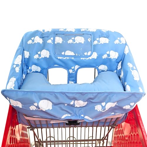 Love&go Soft Pillow Attached 2-in-1 Shopping Cart and High Chair Cover for Baby, Cotton Padded Cart Cover, Fold'n Roll Style, Portable with Carry Bag (Blue Elephant) - color: Blue Elephant