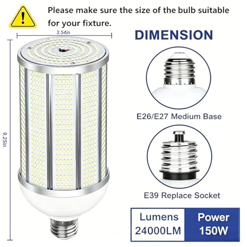 HJFF 2-Pack 150W LED Corn Light Bulbs,5000K 24000lm,E26/E39 Base,1500W Equivalent LED Corn Bulbs for Commercial Industrial Lighting Warehouse High Bay Light - style: 150w 5000K