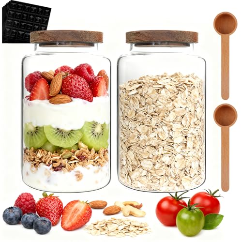 Glass Coffee Jar with Wood Lids Spoon Labels Clear Coffee Ground Canister set of 2,Borosilicate Glass Food Containers for Spice Cookies Sugar Tea Bar (2800ml/94oz-2 pack-with spoon) - color: 2800ml/94oz-2 pack-with spoon
