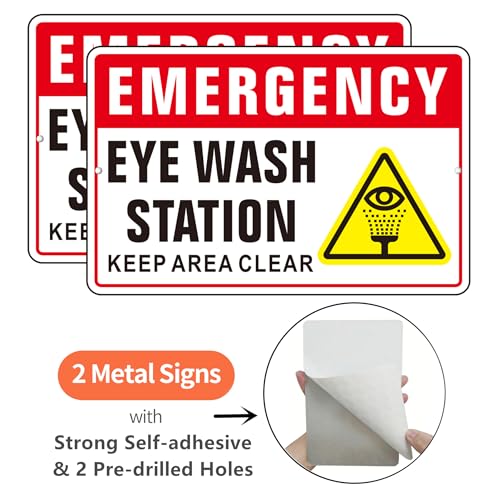 Eye Wash Station Sign, (2 Pack) Self Adhesive Rust Free and Reflective Aluminum Metal Signs Sticker for Wall, Indoor Outdoor Use (9 x 6 inches, Red/White) - color: Red /White