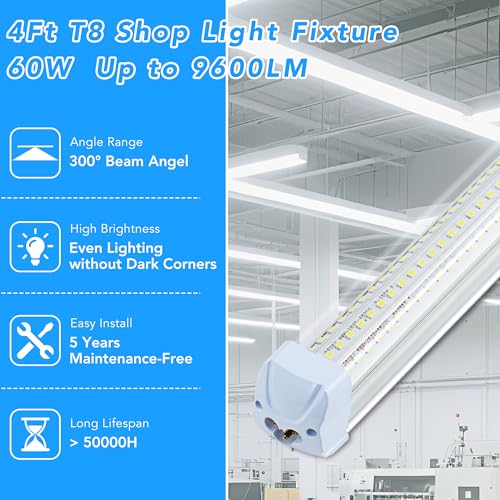 4PCS 4FT LED Shop Lights 60W 9600LM 6500K T8 V-Shape Linkable - size: 4FT-4PCS-6500K