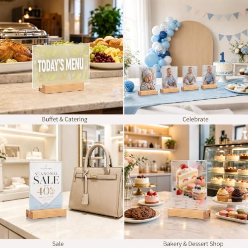 Acrylic Sign Holder with Wood Base, 4 Pack Vertical/Slant Acrylic Display - color: Natural, size: 4"x6"
