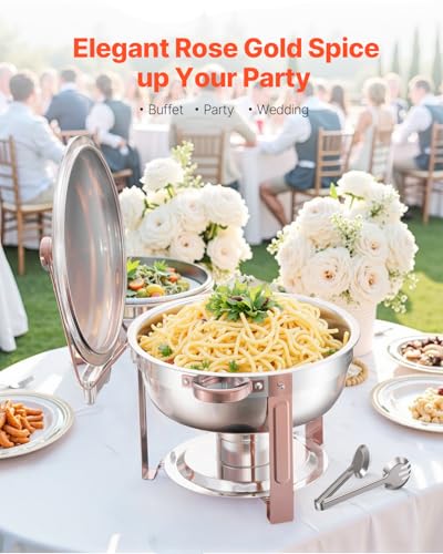 VEVOR Chafing Dish Buffet Set, 5 Qt 4 Pack, Stainless Steel Chafer with 4 Full Size Pans, Round Catering Warmer Server with Lid Water Pan Folding Stand Clip, for Weddings Parties Banquets, Rose Gold - size: 4packs Rose Gold