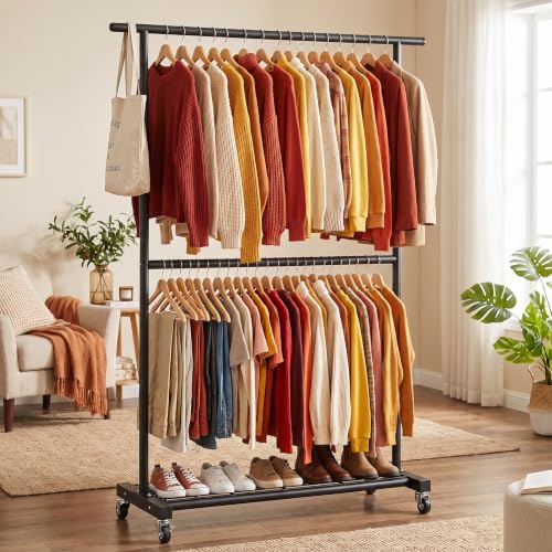 Sywhitta Double Rod Metal Clothing Rack on Wheels with Bottom Mesh,Black - color: Black, size: With mesh