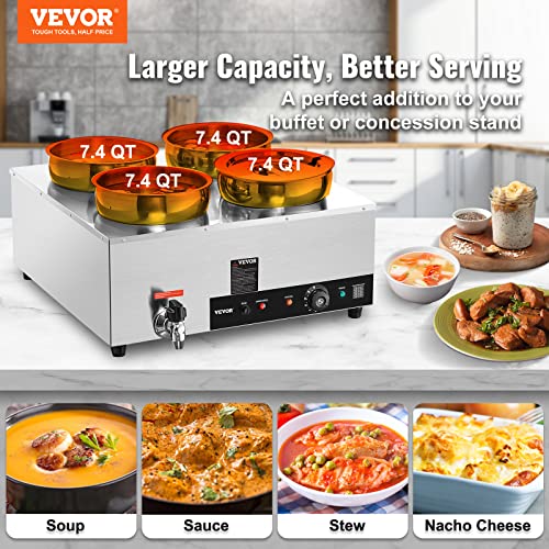 ETL Listed VEVOR Electric Soup Warmer, Four 7.4QT Stainless Steel Round Pot 86~185°F Adjustable Temp, 1500W Commercial Bain Marie with Anti-Dry Burn, Soup Station for Restaurant, Buffet, Silver - size: 4×7L Pots