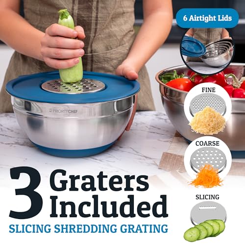 Priority Chef 6Pc Stainless Steel Mixing Bowls with Lids Set, Huge 7 Qrt Size Metal Bowl Set for Kitchen, 3 Graters, Non-Slip Bases & Silicone Utensils Set, Blue - color: Blue
