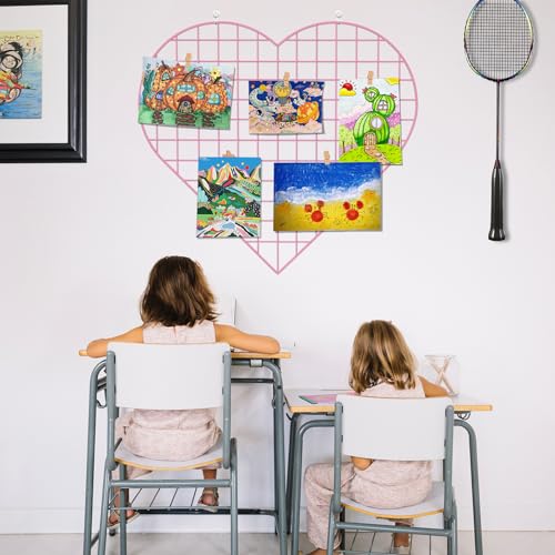 ECLENYES Grid Photo Wall Panels - 22.4"x20.4" Heart Shape Iron Rack Art Wire Board, Wall Grid Organizer, DIY Photo Frame for Home, Office, Kitchen, Bedroom, Christmas Gifts - Pink - color: Pink