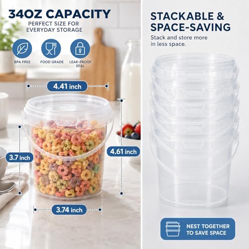 4 Pack 34 oz Clear Plastic Buckets with Lids and Handles, Small 1 Quart Storage Pails for Food, Paint, Ice and Crafts - color: Transparent, size: 34 Oz