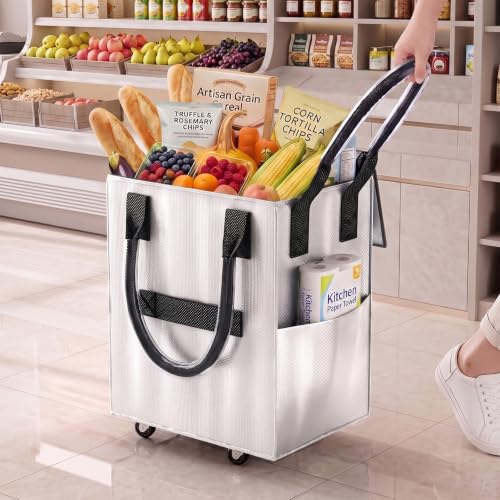 Reusable Grocery Bag on Wheel, Foldable Shopping Cart with Wheels, Can Carry up to 67 Pounds, Suitable for Groceries, Laundry, Camping and Moving. (Silver - Medium) - color: Silver - Medium