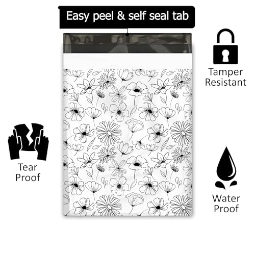 19x24 (25) Black and White Sketched Floral Summertime Designer Poly Mailers Waterproof Self Sealing Tear Resistant Polymailers Shipping Envelopes Premium Printed Bags For Small Businesses - color: Black and White Flowers, size: 19x24 inches