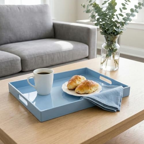 Light Blue Decorative Tray, Rectangular Large Serving Tray with Handles, Plastic Coffee Table Tray for Ottoman, Living Room, Kitchen Tabletop, 15.7” x 11.8” x1.6” - color: Large Light Blue Rectangular, size: 15.7" x 11.8" x 1.6" Rectangular