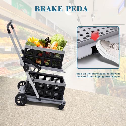 Collapsible Shopping Cart on Wheels, Folding Shopping Cart with 360ยฐ Swivel Wheels, Multi Use Utility Cart Adjustable Portable Trolley, Used for Picnic, Supermarket, Gray - color: Gray