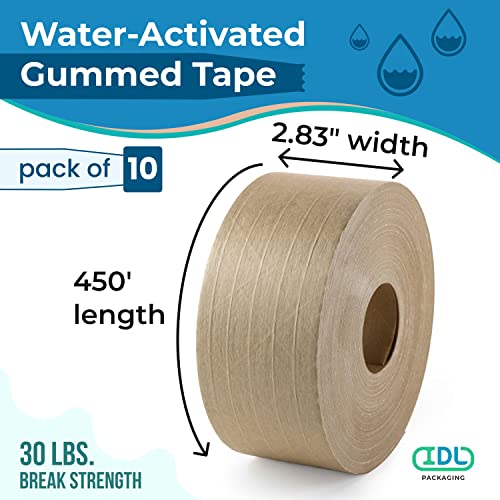 IDL Packaging 2.83" x 450 feet Reinforced Water-Activated Kraft Gummed Tape 30lb Thickness (Pack of 10) - Secure Paper Packing Tape for Secure Carton Sealing - Heavy-Duty for All Conditions, Brown - size: Pack of 10