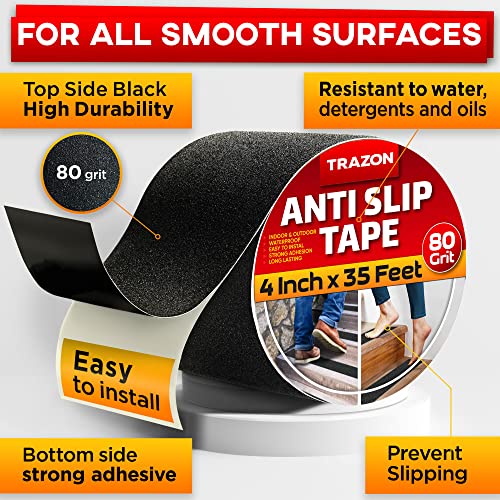 Grip Tape - Heavy Duty Anti Slip Tape for Stairs Outdoor/Indoor Waterproof 4Inch x 35Ft Safety Non Skid Roll for Stair Steps Ramp Traction Tread Staircases Grips Adhesive Non Slip Strips Walk Black - color: Black, size: 4 Inch x 35 Feet