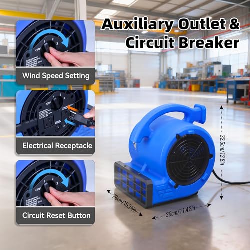 BEYOND BREEZE 1/4 HP 1000 CFM Air Mover Blower Fan with 3 Speeds, Blue - color: Blue