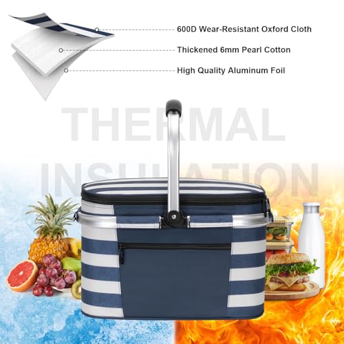 ALLCAMP Picnic Basket, 22L Insulated Cooler Foldable, Thick, Blue White - color: Blue White, size: Medium
