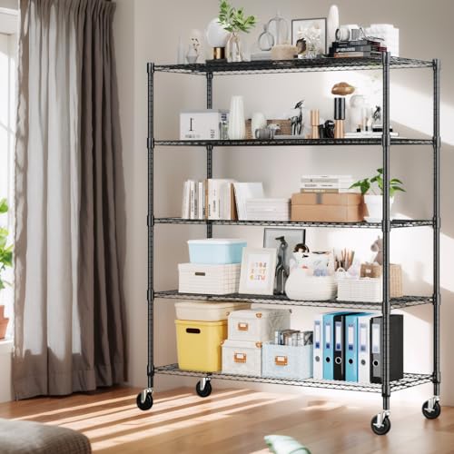 Himimi 5 Tier Wire Shelving with Wheels Heavy Duty Height Adjustable Metal Shelves for Storage, Commercial Grade Steel Utility Wire Rack for Kitchen Garage Pantry Organization-24×48×82, Black - color: Black, size: 24"D×48"W×82"H, 5-Tier