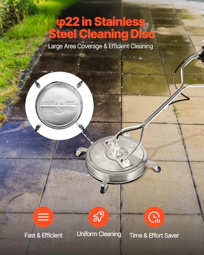 VEVOR 22" Pressure Washer Surface Cleaner, Stainless Steel Pressure Washer Attachments with 4 Wheels, 4500 Max PSI, 3/8 Quick Connector, 2 Spray Nozzles, Dual Handle, for Concrete, Patio, Sidewalk - size: 22 Inch w/ Handle & Wheels