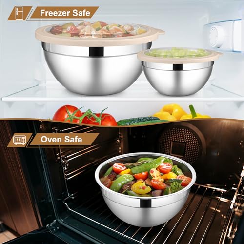 LIANYU 6 PCS Stainless Steel Mixing Bowls with Visible Lids for Cooking - color: Khaki, style: Atlas Base with Visible Lids
