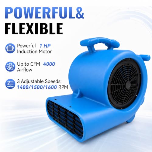 Air Mover 1 HP 4000 CFM, Portable Utility Blower Fan, Centrifugal Floor Drying Fan, Stackable, for Water Damage Restoration, Janitorial, Home, Commercial Use - size: 1HP-4000CFM