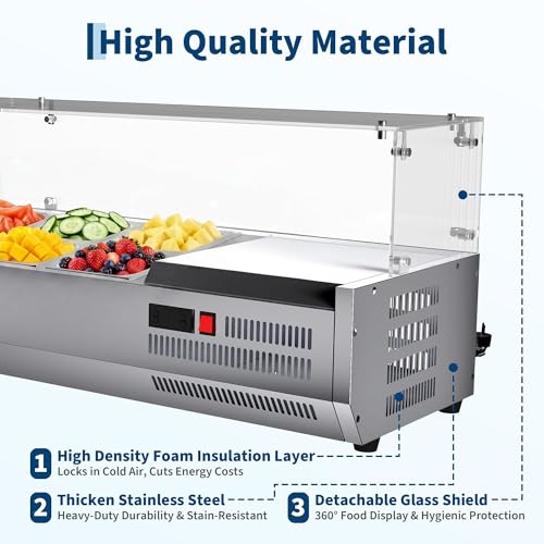 Refrigerated Condiment Prep Station, 130W Countertop Refrigerated Condiment Station, with One 1/3 & Four 1/6 Pans, 304 Stainless Body and PC Lid, Sandwich Prep Table with Glass Guard, ETL Certified - size: E40TW