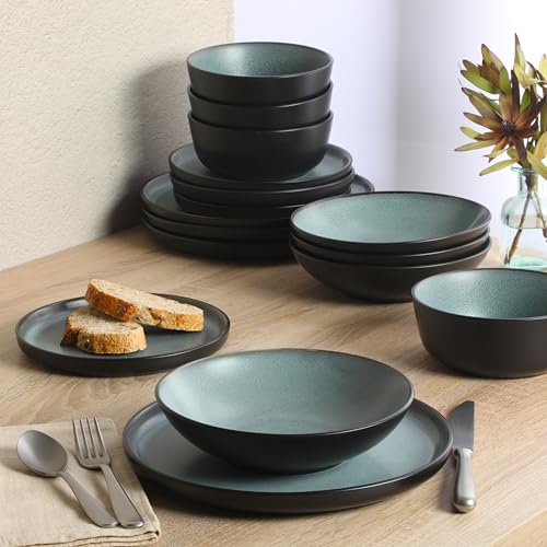 Gibson Elite Tribeca Loft 16-Piece Dinnerware Set – Matte Black and Green Reactive Glaze Stoneware, Double Bowl Round Plates and Bowls – Modern Rustic Tableware for 4, Dishwasher & Microwave Safe - color: Matte Black & Green (Tribeca Loft)