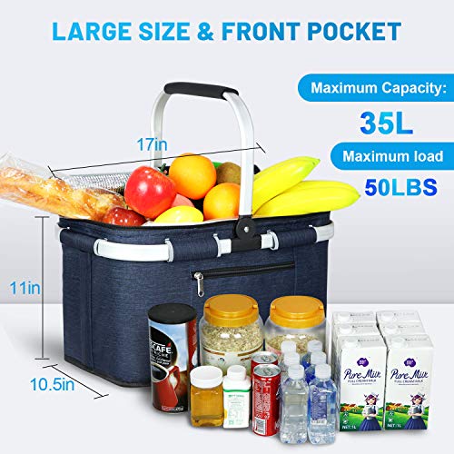 LIQING 35L Large Picnic Basket 2 Layers of Internal Pockets Leak-Proof and Insulated ,Folding with Internal Support for enhansed Stability, Wedding Gifts for Couple(Navy Blue) - color: Navy Blue