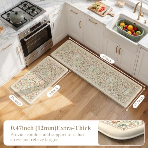 Collive Kitchen Mats Cushioned Anti Fatigue, Beige Floral Kitchen Floor Mat - color: Beige, size: 17.3"x59"+17.3"x29"