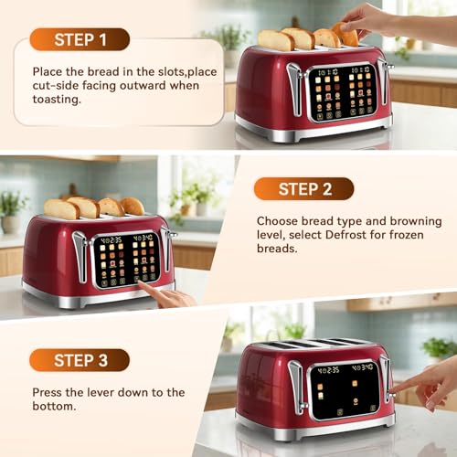 RONGBEST Retro 4 Slice Stainless Steel Toaster with Wide Slot Touch Screen for Family Breakfast, Reheat & Defrost, 6 Browning Levels for Bagel & Bread, Easy Removable Crumb Tray, Red Pearl - color: Red Pearl