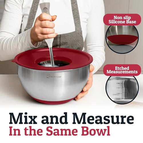 Priority Chef Stainless Steel Mixing Bowls with Lids Set, 3 Grater Attachments, Airtight Lids, Non-Slip Silicone Base Mixing Bowl Set, Large Prep Metal Mixing Bowls for Kitchen, Red - color: Red