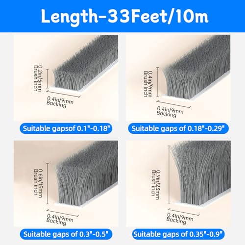 33 Ft Weather Stripping Door Seal Tape,Window Noise Blocker,Noise Blocker for Room,Self-Adhesive Soundproof Foam Insulation,Gray - color: Gray, size: 0.9in Brush x 0.4in Backing x 33Ft