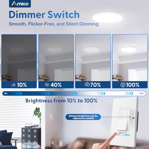Amico Dimmer Light Switch 6 Pack, 1-Pole or 3-Way, Horizontal Slide, White - size: Standard Slide