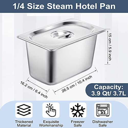 8 Pack Stainless Steam Hotel Pan 6 Deep Steam Table Pan with Lid 0.8 mm Thick Stainless Steel Restaurant Anti Clogging Steamer for Party, Restaurant, Hotel(1/4 Size) - size: 1/4 Size