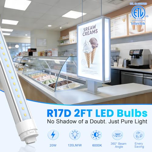 JESLED 360 Degree T8 T10 T12 2ft 20w LED Tubes, R17D/HO Base, 4-Pack - size: 2 Feet