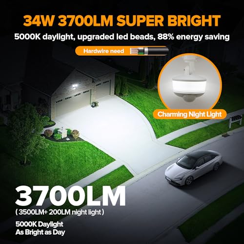LUTEC 34W 3700 Lumen LED Security Light Motion Sensor Outdoor Lights with Night Light, 5000K Daylight, IP65 Waterproof, Dusk to Dawn, Hardwired Motion Detector Flood Light for Garage, Yard-White - color: White, size: 1 Pcs