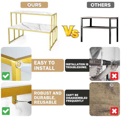 2 Tier Retail Display Table for Shoes & Handbags, Gold Metal and Wood Boutique Display Stand, Heavy Duty Display Riser Shelf for Clothing Stores, Vendor Events, Showroom & Home, 45.2"