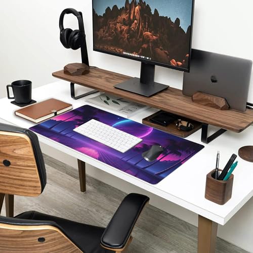 Large Gaming Mouse Pad for Desk,Cool Retrowave Landscape Desk Mat,Science Fiction Scene Desk Pad, Extended Big Computer Keyboard Mouse Pad with Non-Slip Base and Stitched Edge 35.4"x15.7" - color: Cool Retrowave Landscape, size: 15.7" x 35.4"