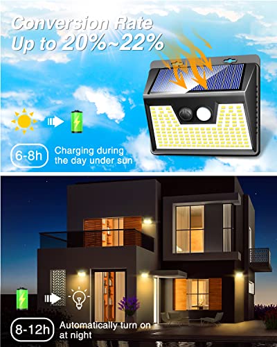 Peasur Solar Lights Outdoor Waterproof, 4Pack 140LED Solar Motion Sensor Wall Lights, 3 Modes Solar Powered Fence Security Lights for Patio Step Deck House Outside(Warm White) - color: Black Frame-Warm, size: 4 Pack