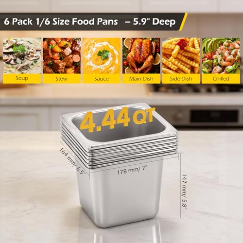 Dyna-Living Hotel Pans 1/6 Size 6 Inch Deep Food Pan 6 Pack Steam Table Pan - color: Without Lids, size: 6 Inch Deep
