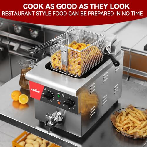 CROSSON 8L Countertop Electric Deep Fryer with Draining Valve,Solid Basket and Lid for Restaurant Use 120V,1800W Stainless Steel Commercial Deep Fryer - size: Single Tank,8L